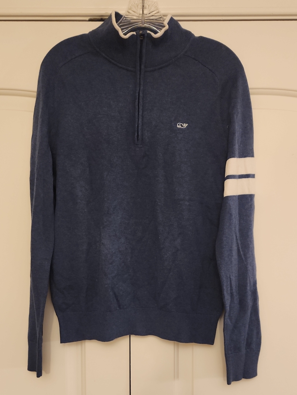 Vineyard Vines Navy Half-Zip Mock Neck Sweater with Cream Sleeve Stripe